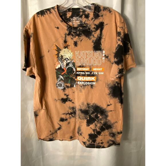 My Hero Academia Katsuki Bakugo T Shirt B'day Rust Blk Gray tie dye Large VGUC - Picture 5 of 9